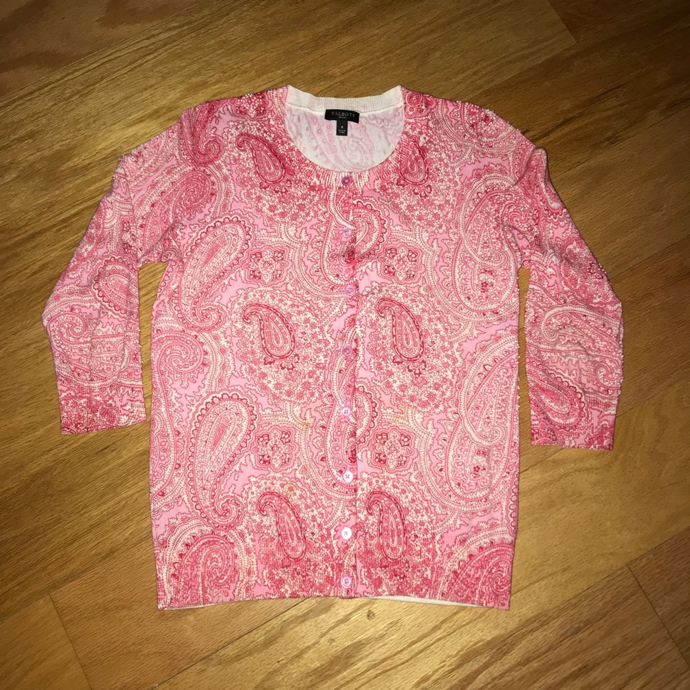 Talbots petite P paisley/pearl pink sweater
